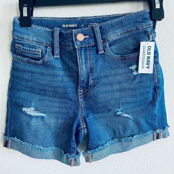 High-Waisted Ripped Rolled-Cuff Midi Jean Shorts Girls NWT Sz 8 - Picture 3 of 9
